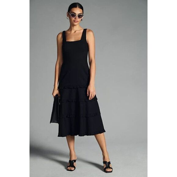 NWT ANTHROPOLOGIE Sz XS THE BLYTHE TIERED MIDI DRESS BLACK - Picture 4 of 4